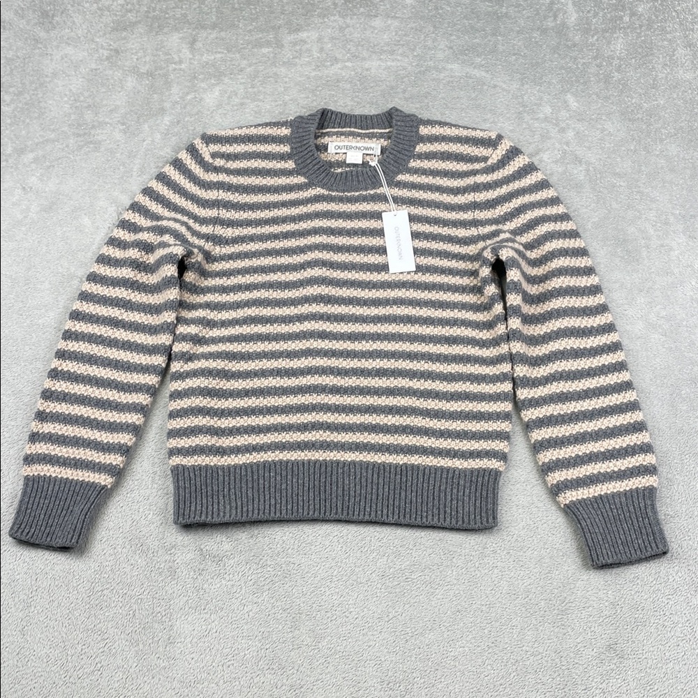NEW Outerknown XS‎ 100% Wool Womens Gray and Cream Striped Crewneck Knit Sweater